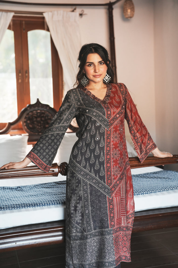 Rustic Red with Grey Panel Block Printing with Gota Spread Work Muslin Kurta Set -SET OF-2 | SHOBITAM