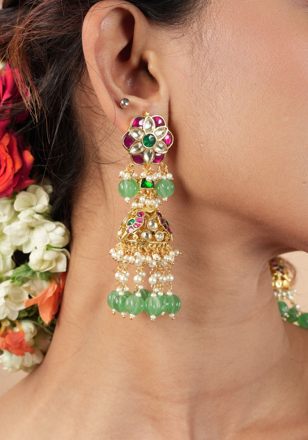 3" Tiered Jhumka earrings in antique gold embellished with Jadau stones