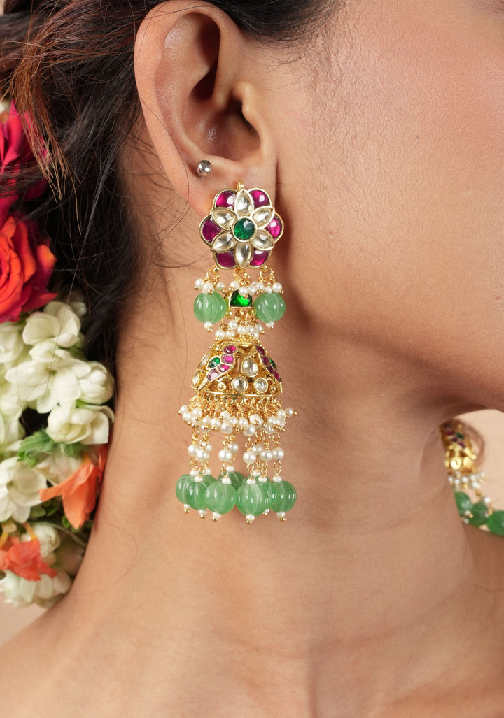 3" Tiered Jhumka earrings in antique gold embellished with Jadau stones