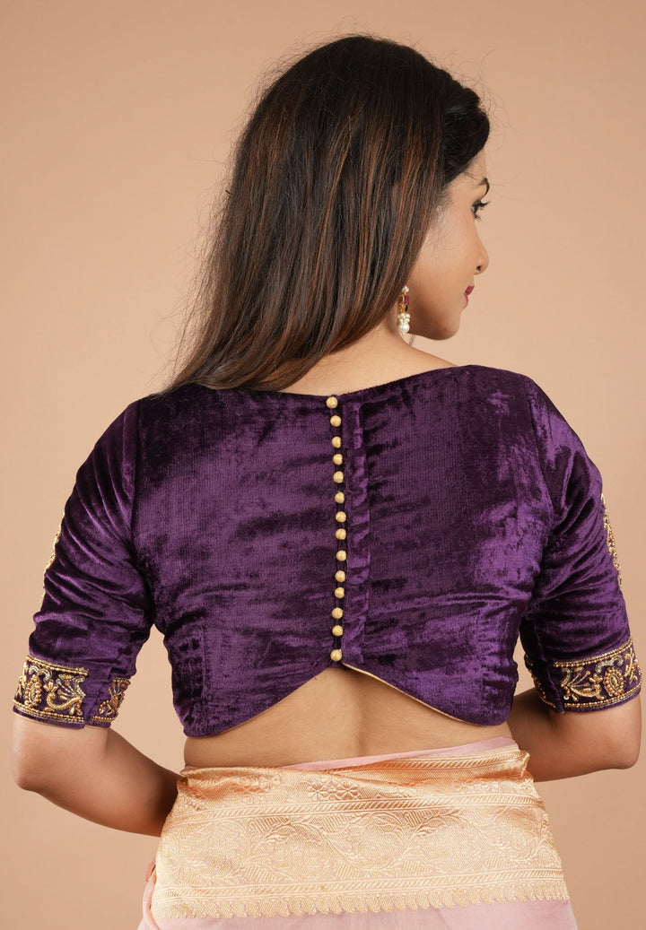 Purple Velvet Blouse with Stone and Zardosi detailing on sleeves and waist front, Customizable, Made to Order