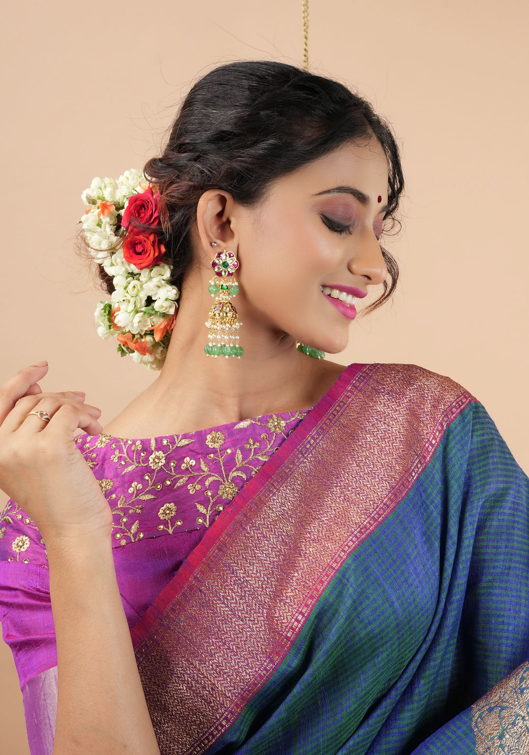 3" Tiered Jhumka earrings in antique gold embellished with Jadau stones