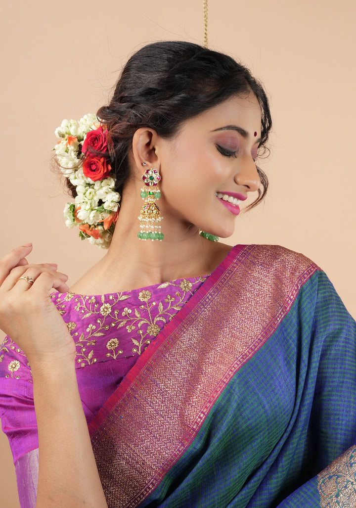 3" Tiered Jhumka earrings in antique gold embellished with Jadau stones