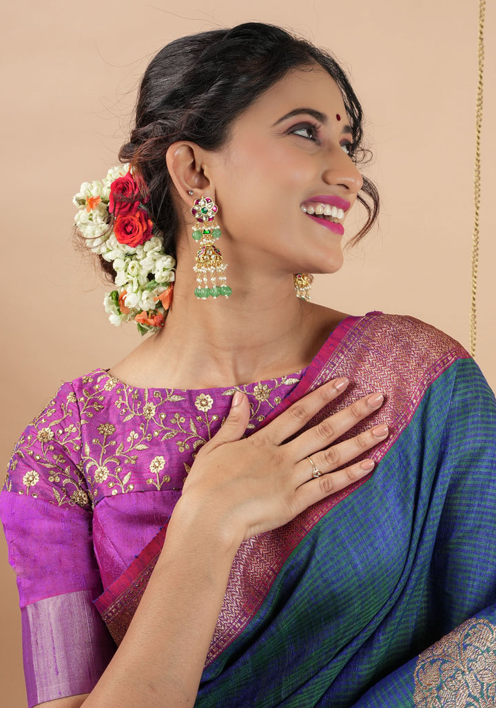 Pure Raw Silk Blouse in Purple with golden Jaal embroidered Yoke,Made to Order
