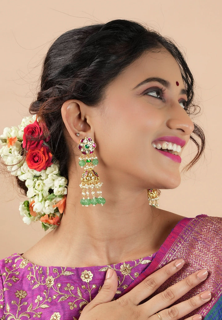 3" Tiered Jhumka earrings in antique gold embellished with Jadau stones