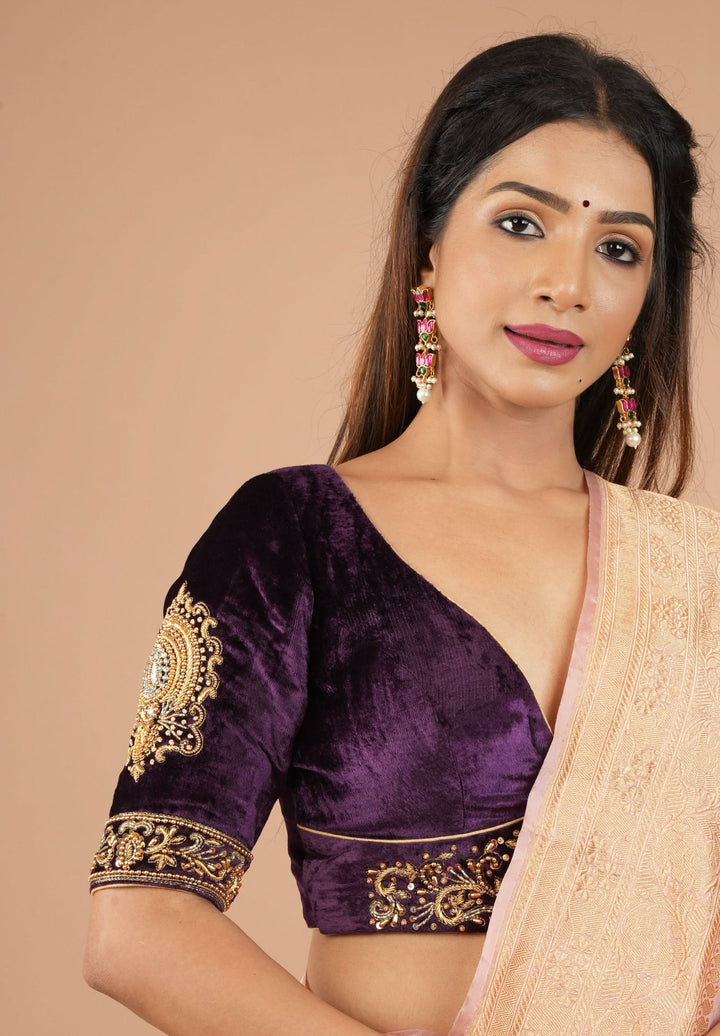 Purple Velvet Blouse with Stone and Zardosi detailing on sleeves and waist front, Customizable, Made to Order