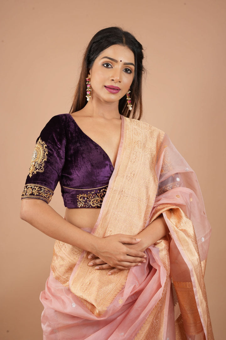 Dusty Rose Pure Banarasi Kora Silk Saree with Chunri Buttas and Paisley Grand Pallu | SILK MARK CERTIFIED