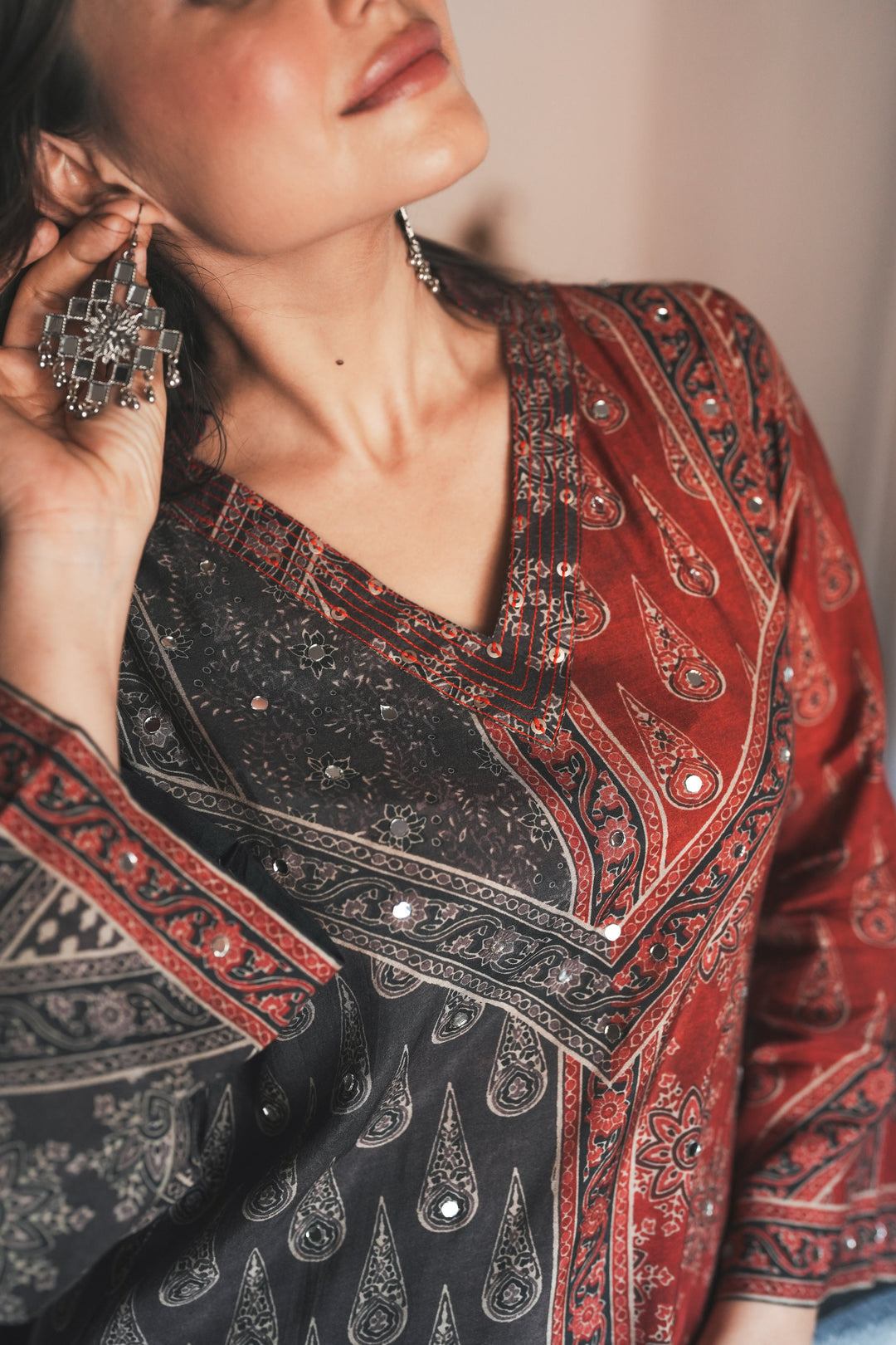 Rustic Red with Grey Panel Block Printing with Gota Spread Work Muslin Kurta Set -SET OF-2 | SHOBITAM