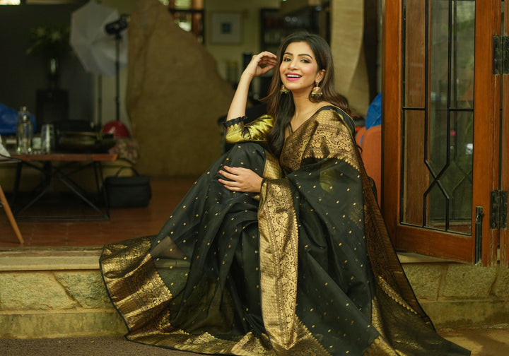 Celebrity Chanderi Silk Saree in Black with Zari chunri Butis and wide zari border