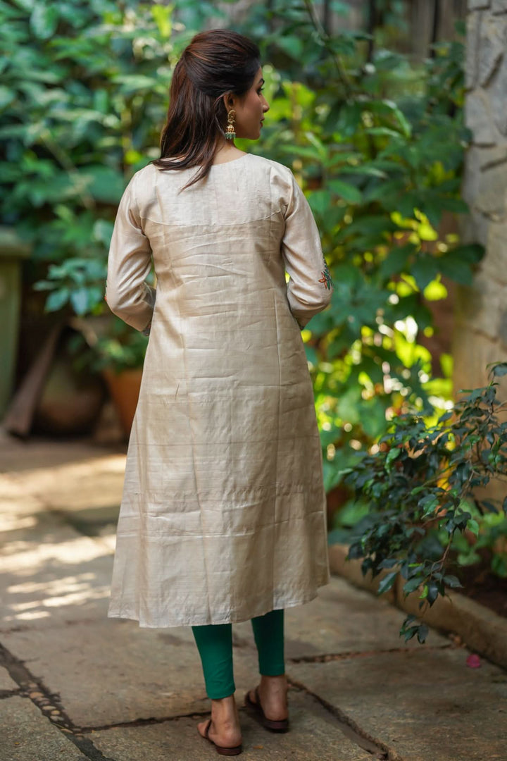 Pure Kosa Tussar Kurti with Handpainted Madhubani Art with Green Leggings 2 piece set | Made To Order