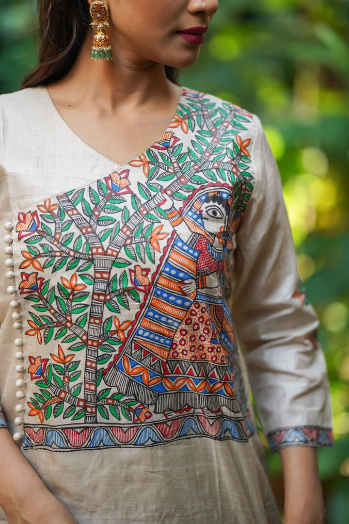 Pure Kosa Tussar Kurti with Handpainted Madhubani Art with Green Leggings 2 piece set | Made To Order