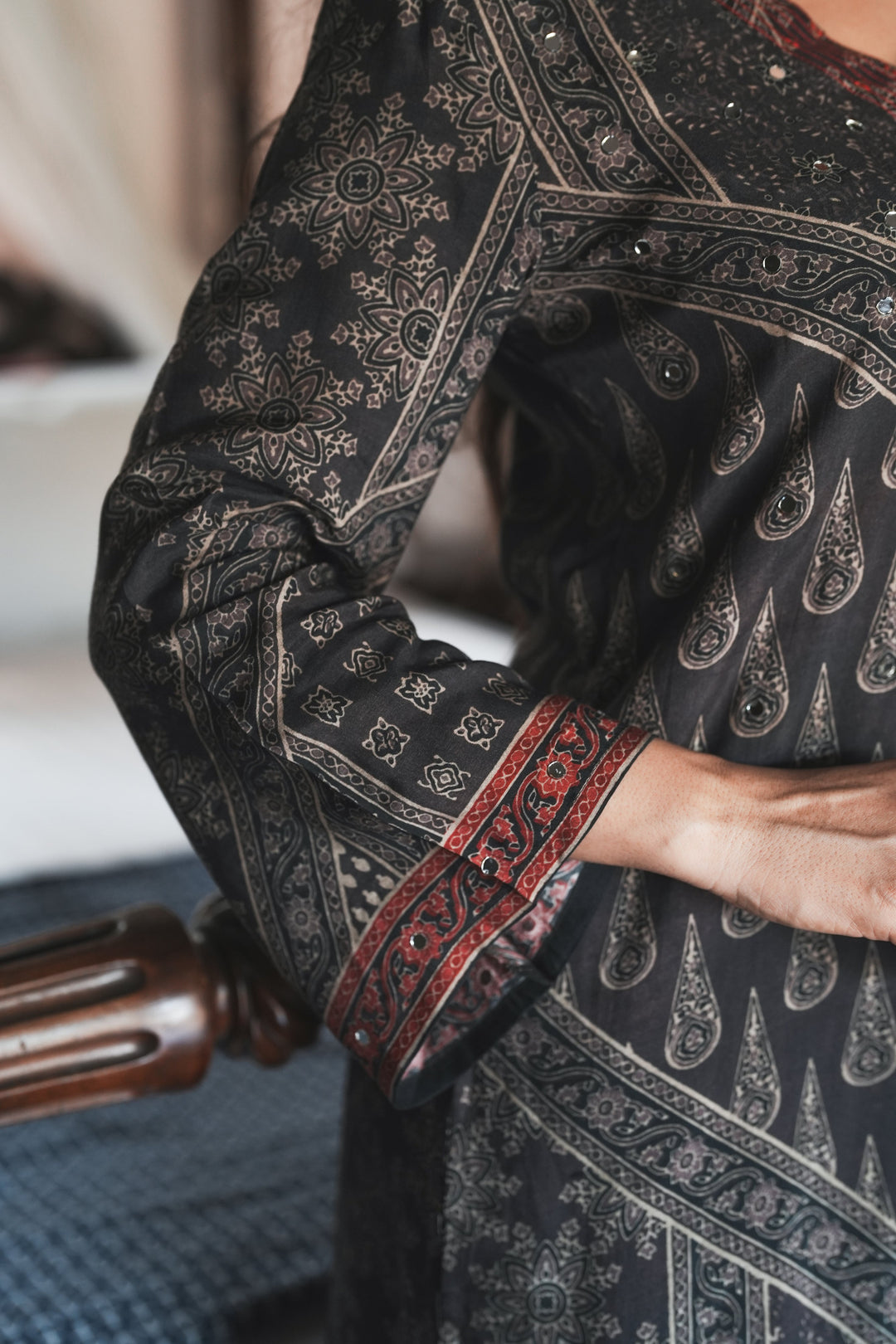 Rustic Red with Grey Panel Block Printing with Gota Spread Work Muslin Kurta Set -SET OF-2 | SHOBITAM