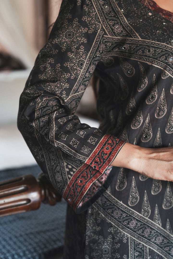 Rustic Red with Grey Panel Block Printing with Gota Spread Work Muslin Kurta Set -SET OF-2 | SHOBITAM
