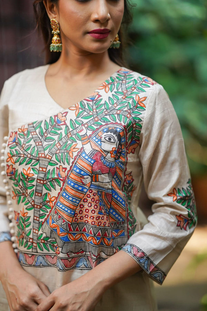 Pure Kosa Tussar Kurti with Handpainted Madhubani Art with Green Leggings 2 piece set | Made To Order