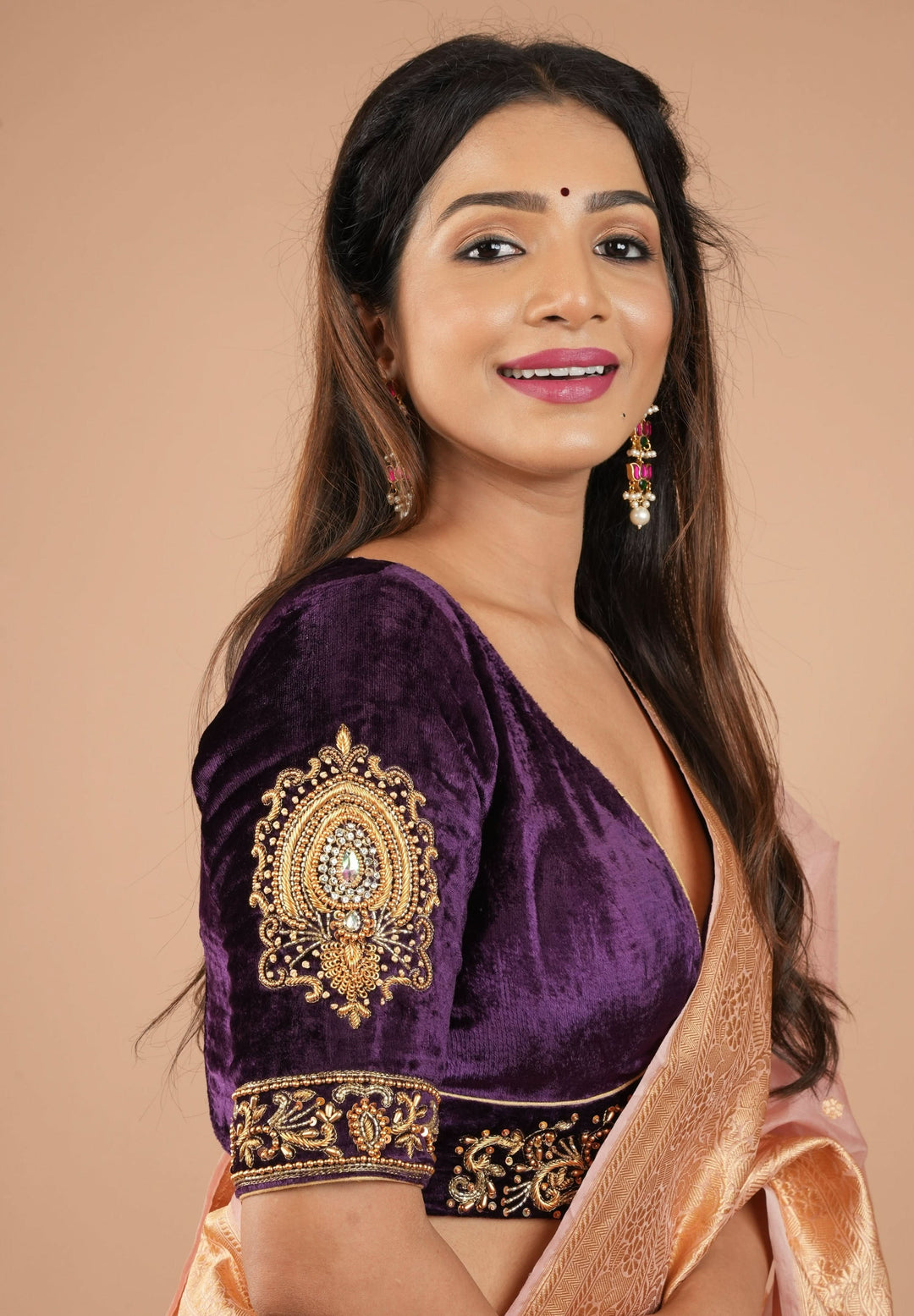 Purple Velvet Blouse with Stone and Zardosi detailing on sleeves and waist front, Customizable, Made to Order