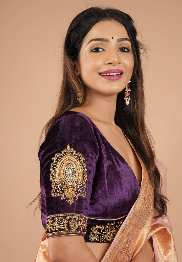 Purple Velvet Blouse with Stone and Zardosi detailing on sleeves and waist front, Customizable, Made to Order