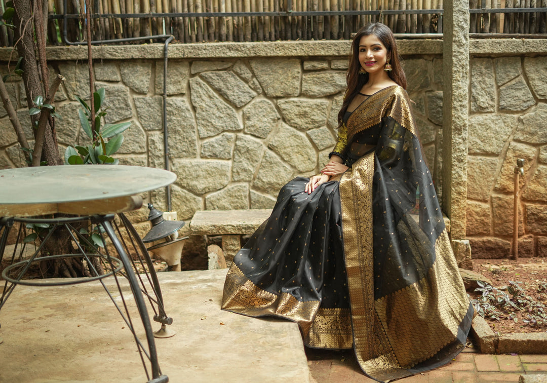 Celebrity Chanderi Silk Saree in Black with Zari chunri Butis and wide zari border