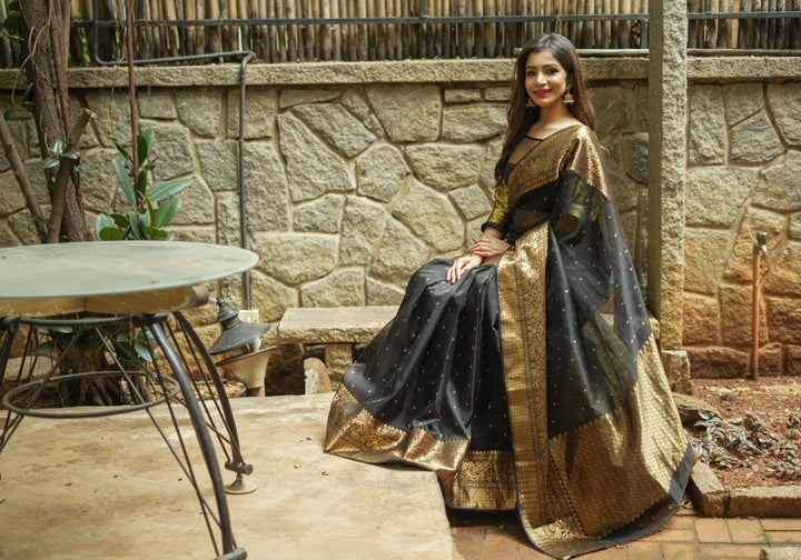 Celebrity Chanderi Silk Saree in Black with Zari chunri Butis and wide zari border
