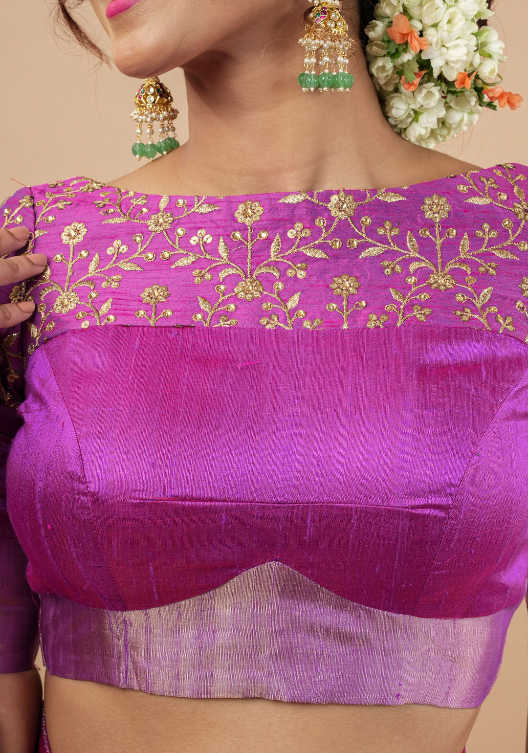 Pure Raw Silk Blouse in Purple with golden Jaal embroidered Yoke,Made to Order