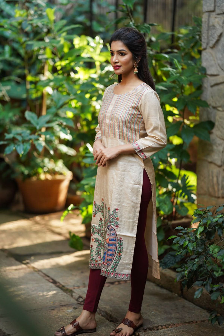 Pure Kosa Tussar Kurti with Madhubani Art and Embroidery  with Maroon Leggings 2 piece set | Made To Order