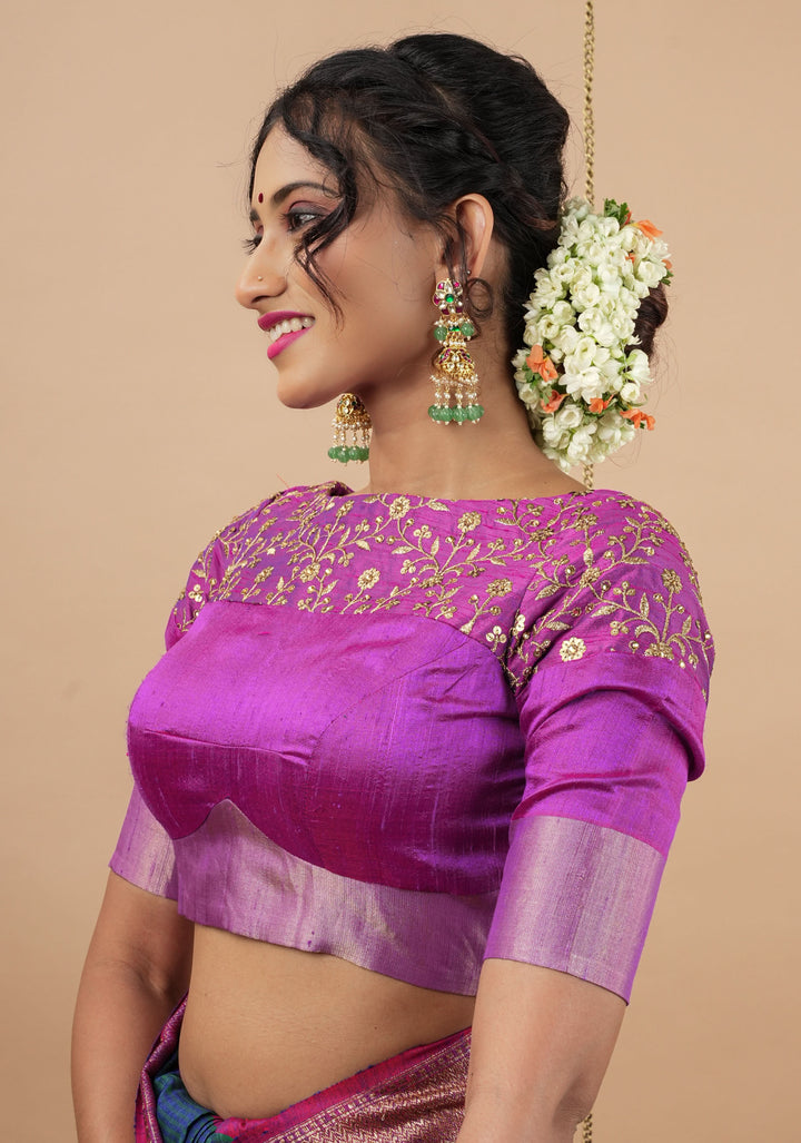 Pure Raw Silk Blouse in Purple with golden Jaal embroidered Yoke,Made to Order