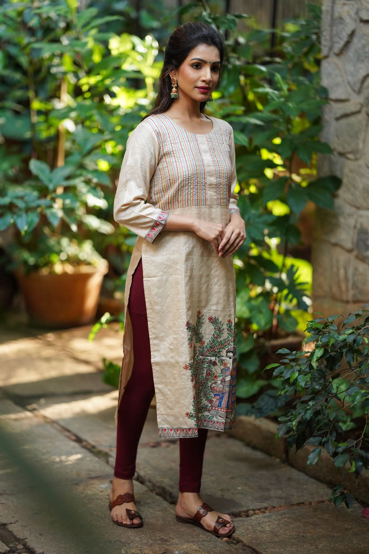 Pure Kosa Tussar Kurti with Madhubani Art and Embroidery  with Maroon Leggings 2 piece set | Made To Order