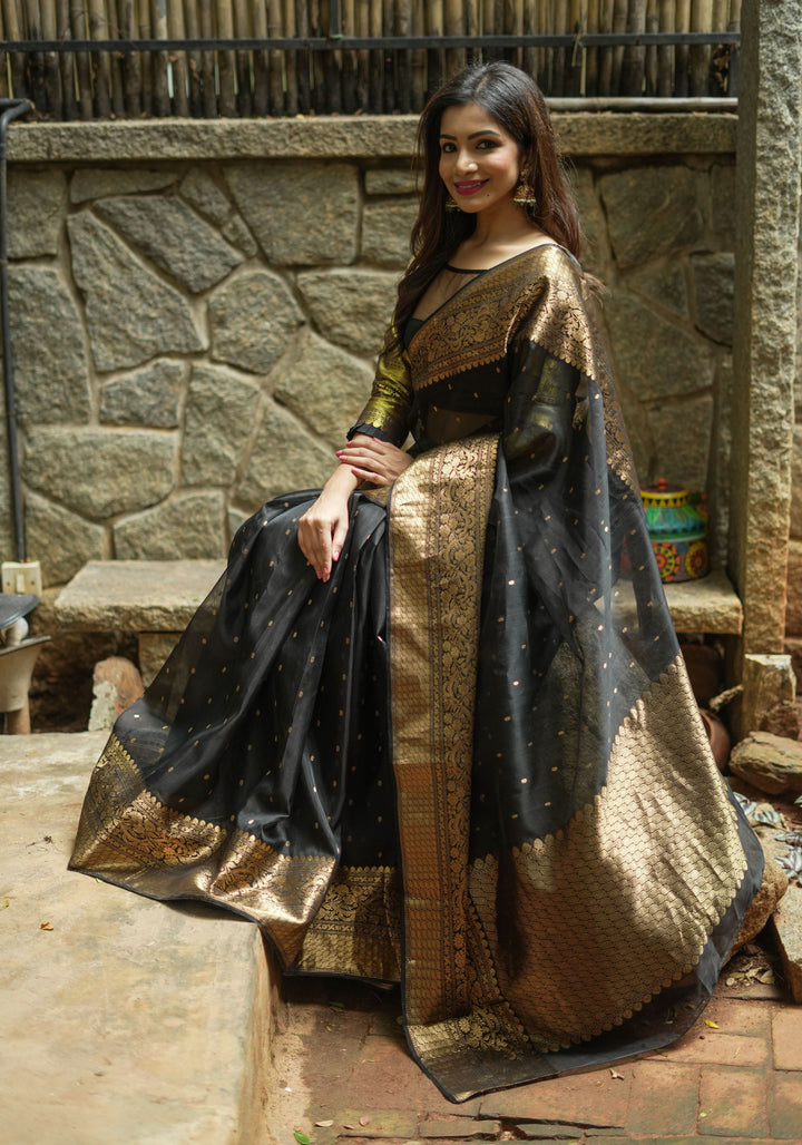 Celebrity Chanderi Silk Saree in Black with Zari chunri Butis and wide zari border