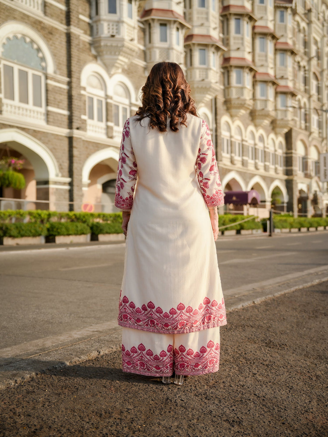 Off White Beigish Pure Muslin Suroop Red Buti Kurta with Parallel Pants-SET OF 2 | SHOBITAM