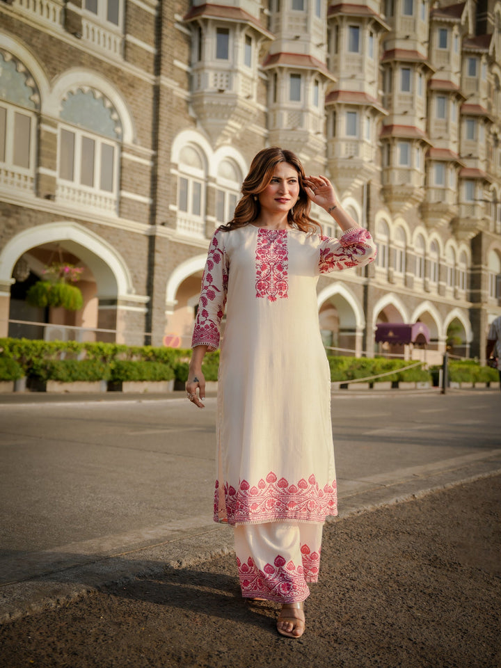 Off White Beigish Pure Muslin Suroop Red Buti Kurta with Parallel Pants-SET OF 2 | SHOBITAM