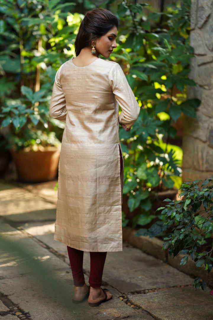 Pure Kosa Tussar Kurti with Madhubani Art and Embroidery  with Maroon Leggings 2 piece set | Made To Order