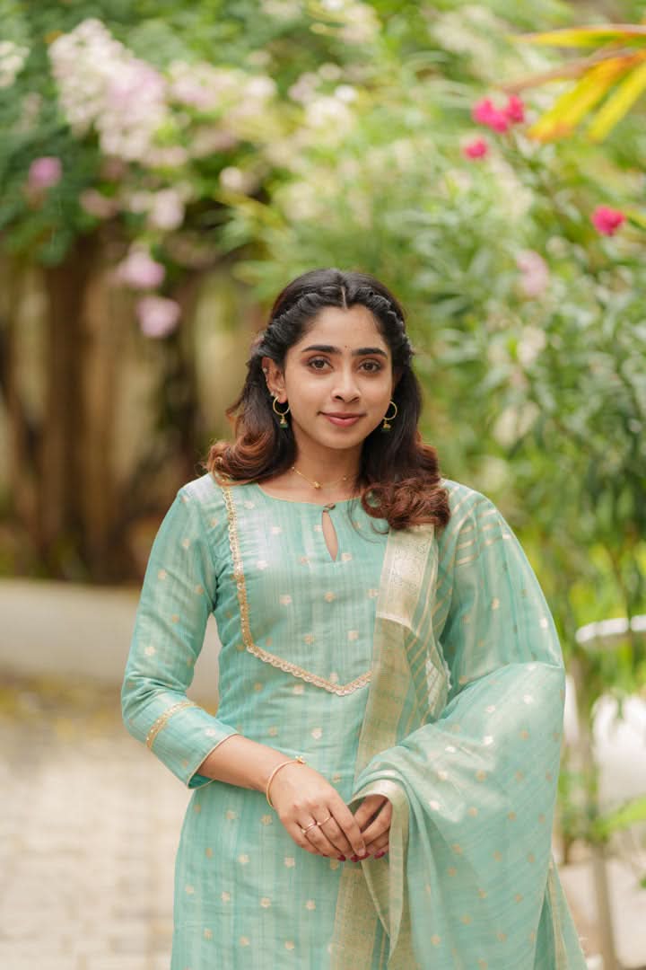 Pastel Blue Kurti, Pant, and Dupatta 3-Piece Set | Made To Order
