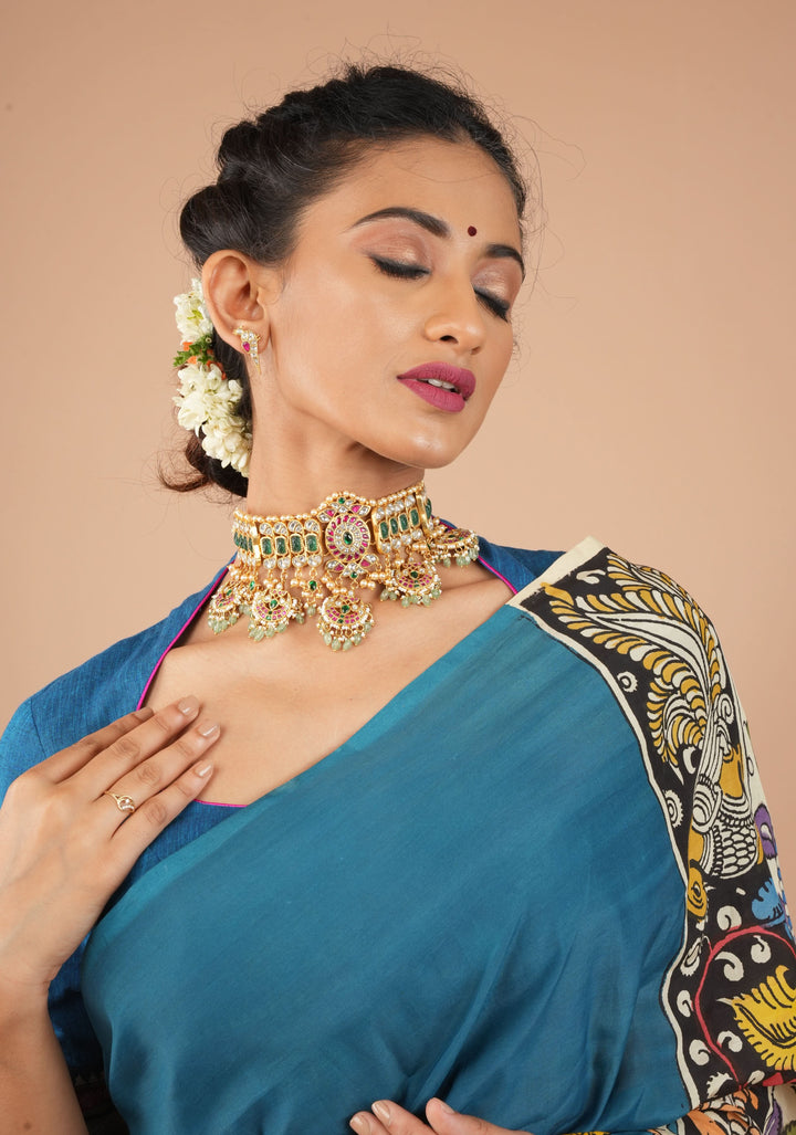 Jadau Choker with  chand design with dangling Green Beads and Pearls, Necklace only ( NO earrings)