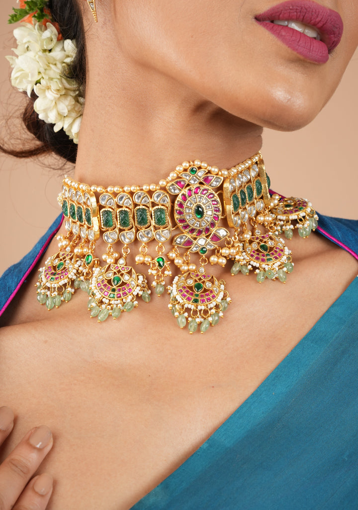Jadau Choker with  chand design with dangling Green Beads and Pearls, Necklace only ( NO earrings)