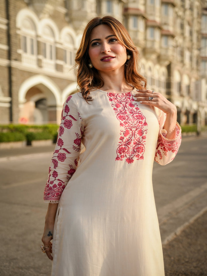 Off White Beigish Pure Muslin Suroop Red Buti Kurta with Parallel Pants-SET OF 2 | SHOBITAM