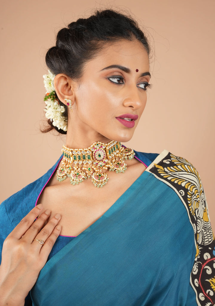 Jadau Choker with  chand design with dangling Green Beads and Pearls, Necklace only ( NO earrings)