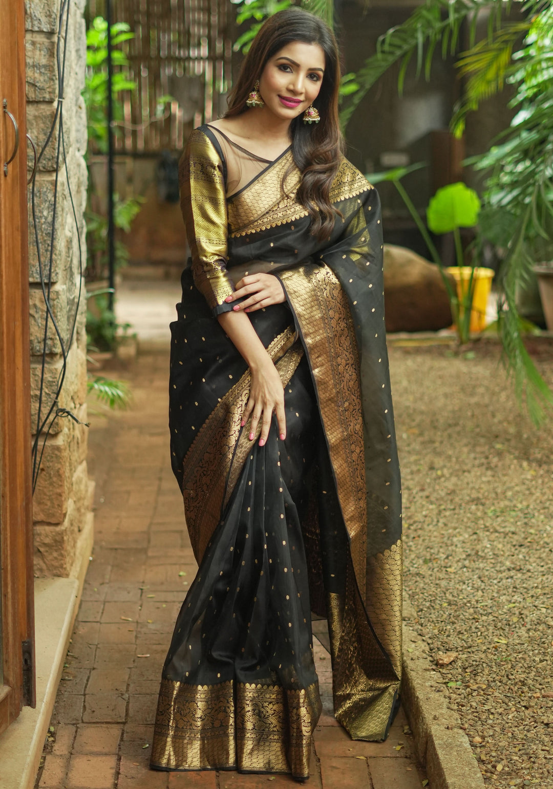Celebrity Chanderi Silk Saree in Black with Zari chunri Butis and wide zari border