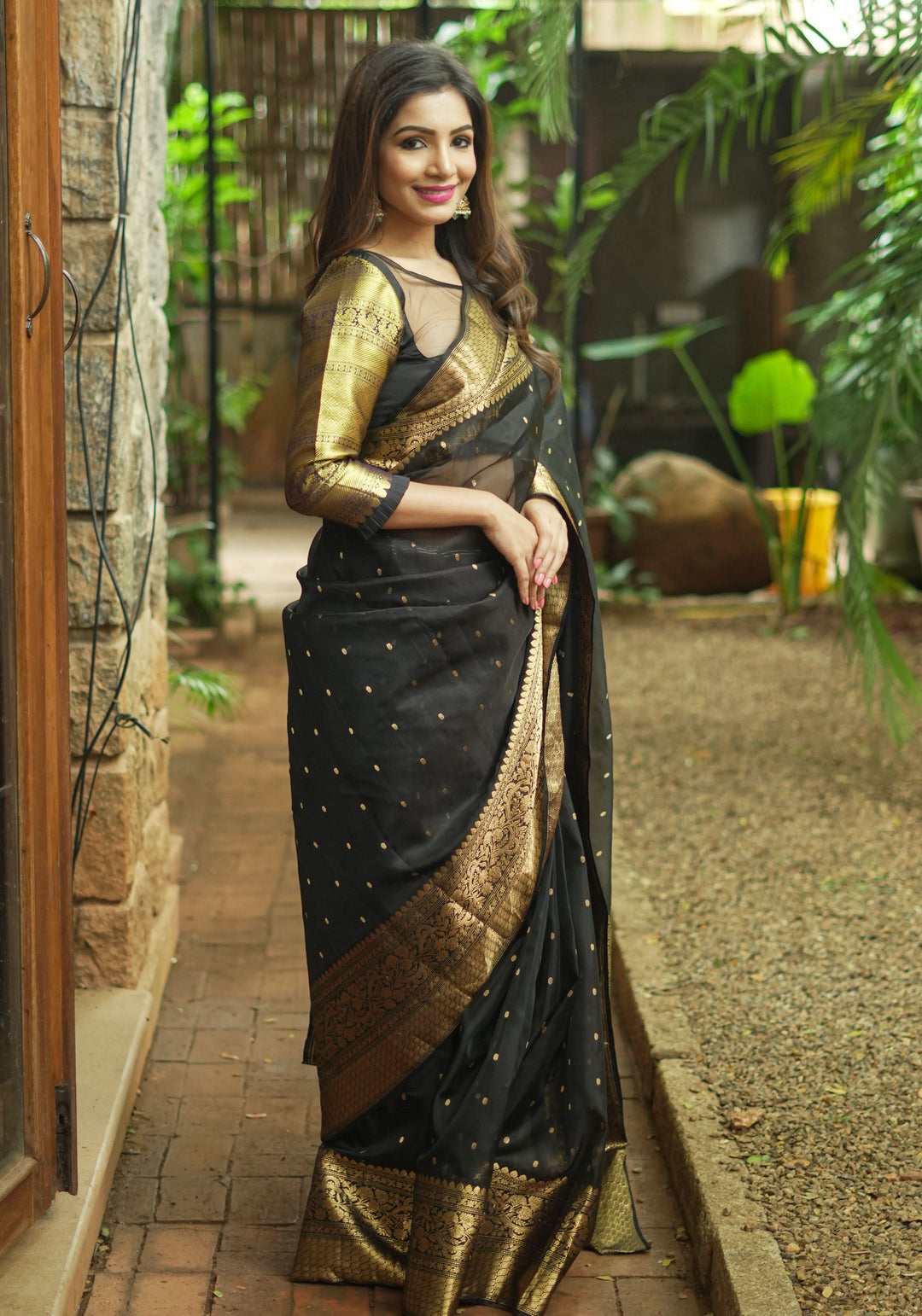 Celebrity Chanderi Silk Saree in Black with Zari chunri Butis and wide zari border