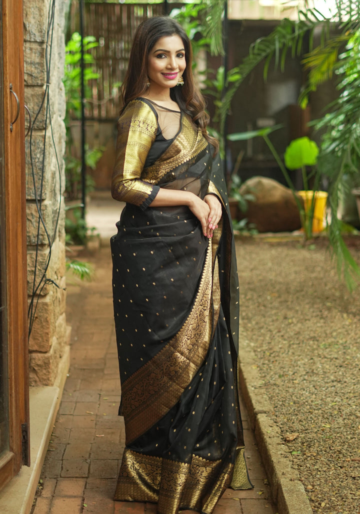Celebrity Chanderi Silk Saree in Black with Zari chunri Butis and wide zari border
