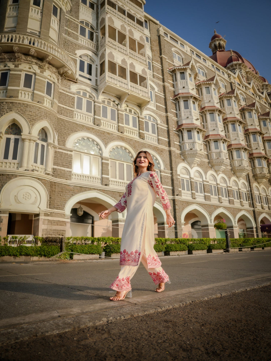Off White Beigish Pure Muslin Suroop Red Buti Kurta with Parallel Pants-SET OF 2 | SHOBITAM