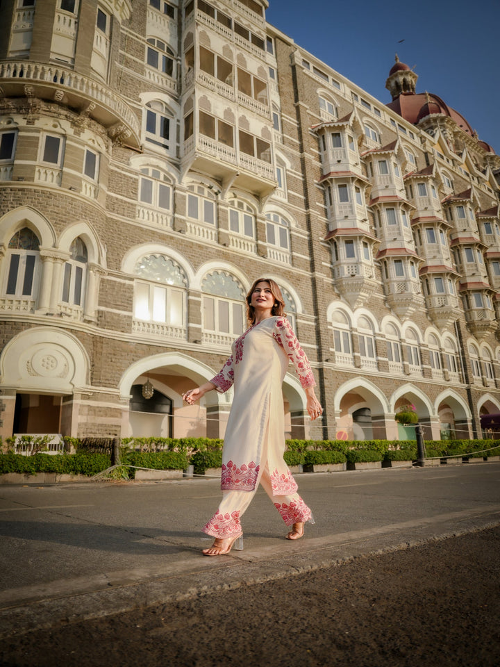 Off White Beigish Pure Muslin Suroop Red Buti Kurta with Parallel Pants-SET OF 2 | SHOBITAM