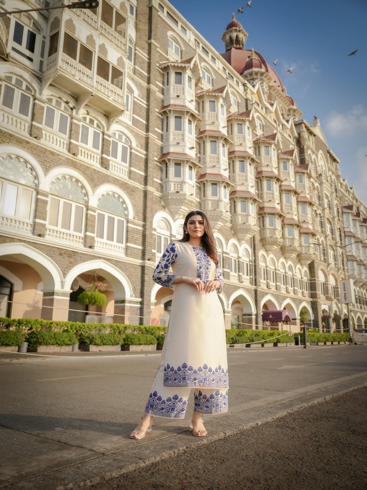Off White Beigish Pure Muslin Suroop Blue Buti Kurta with Parallel Pants-SET OF 2 | SHOBITAM