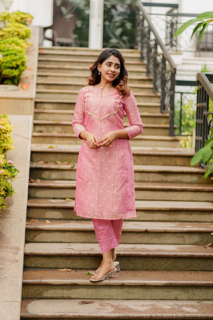 Pastel Pink Kurti, Pant, and Dupatta 3-Piece Set | Made To Order