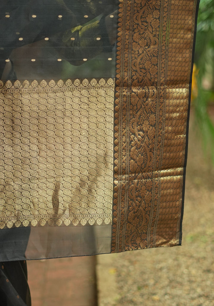 Celebrity Chanderi Silk Saree in Black with Zari chunri Butis and wide zari border