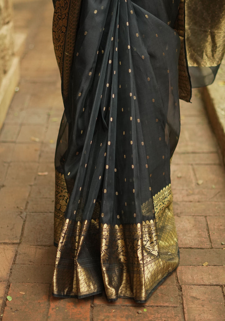Celebrity Chanderi Silk Saree in Black with Zari chunri Butis and wide zari border