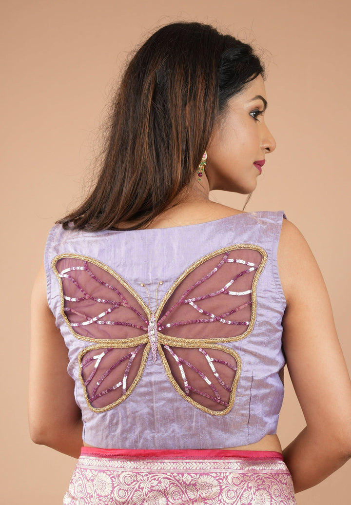 Lavender Pure Tissue Raw Silk blouse with Butterfly Cutout tone on tone embellishments, customizable, made to order