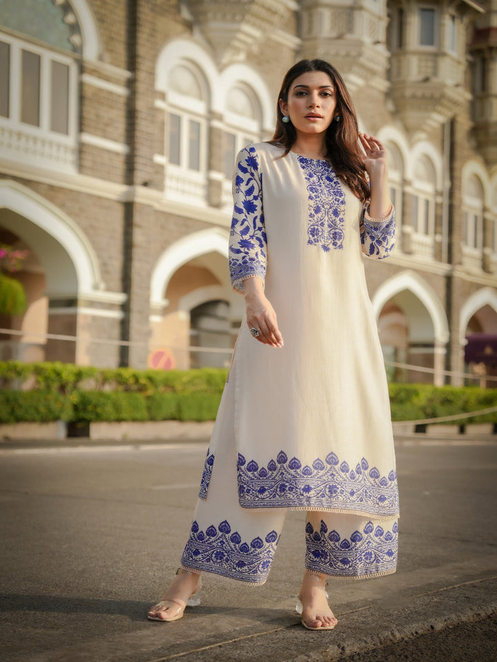 Off White Beigish Pure Muslin Suroop Blue Buti Kurta with Parallel Pants-SET OF 2 | SHOBITAM