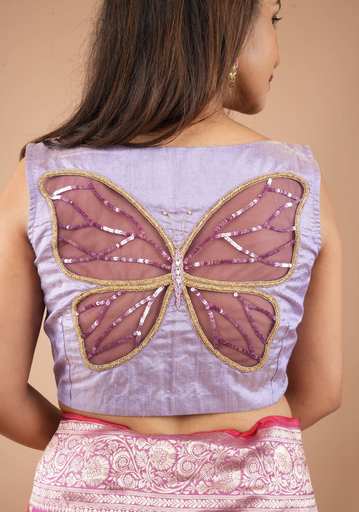 Lavender Pure Tissue Raw Silk blouse with Butterfly Cutout tone on tone embellishments, customizable, made to order