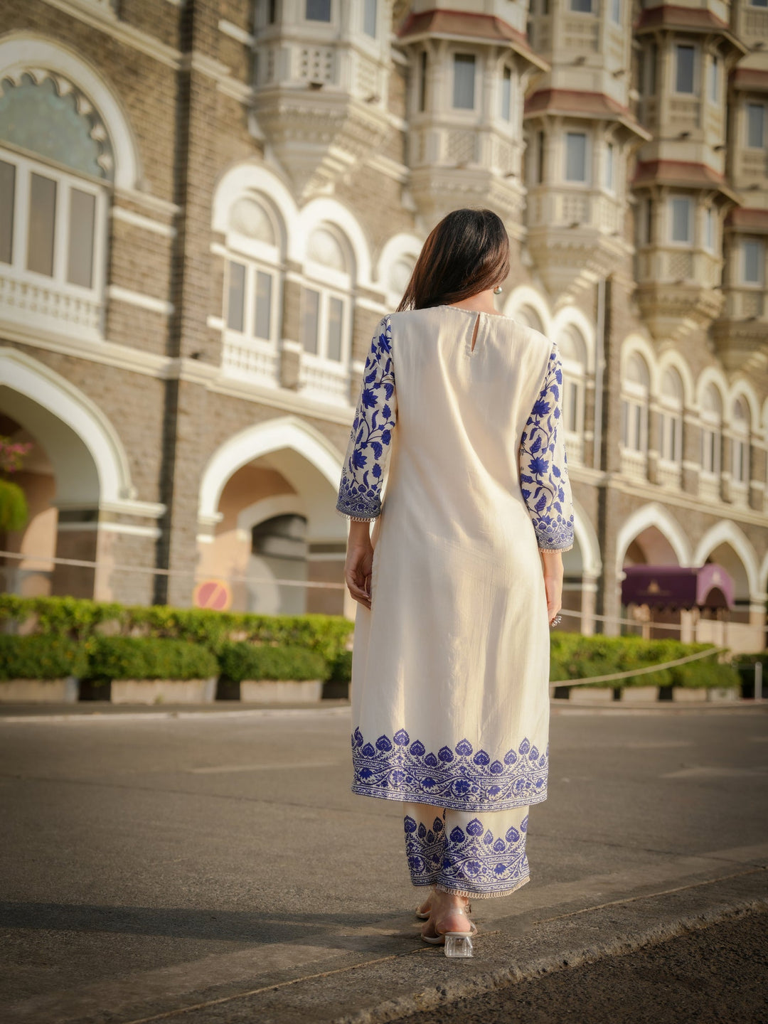 Off White Beigish Pure Muslin Suroop Blue Buti Kurta with Parallel Pants-SET OF 2 | SHOBITAM
