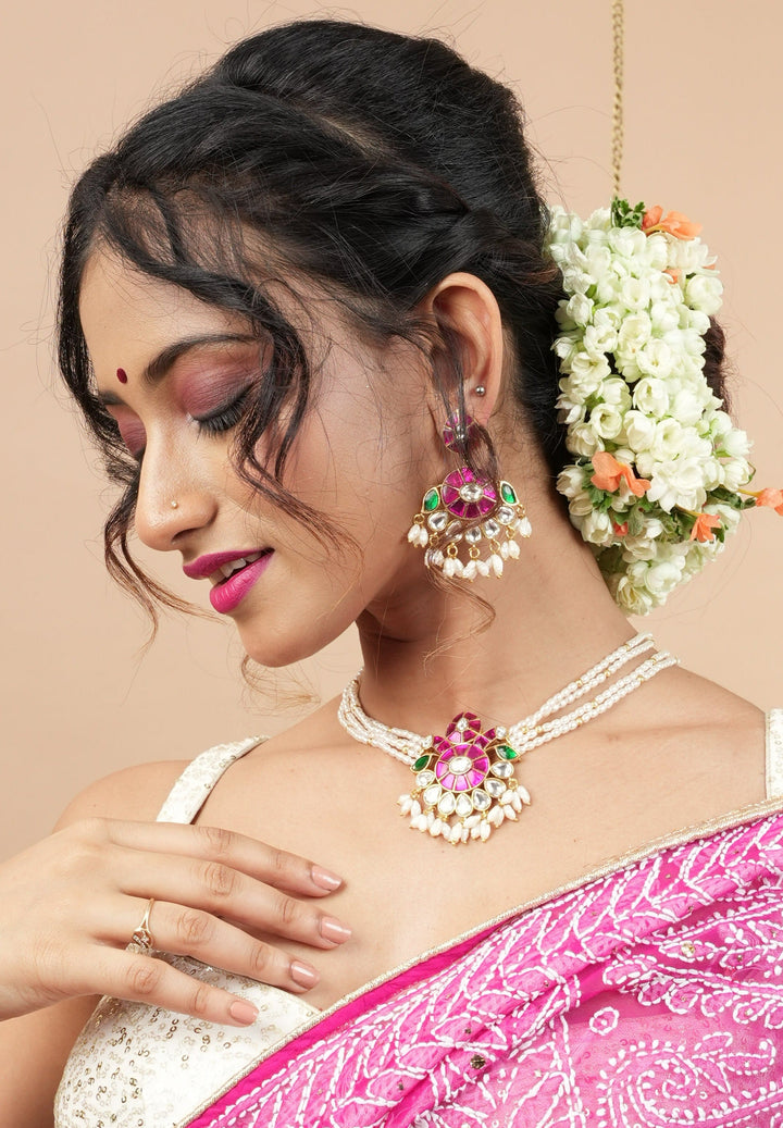 Multistrand beads Floral Pink and green stones Jadau Necklale Set | Shobitam Jewelry