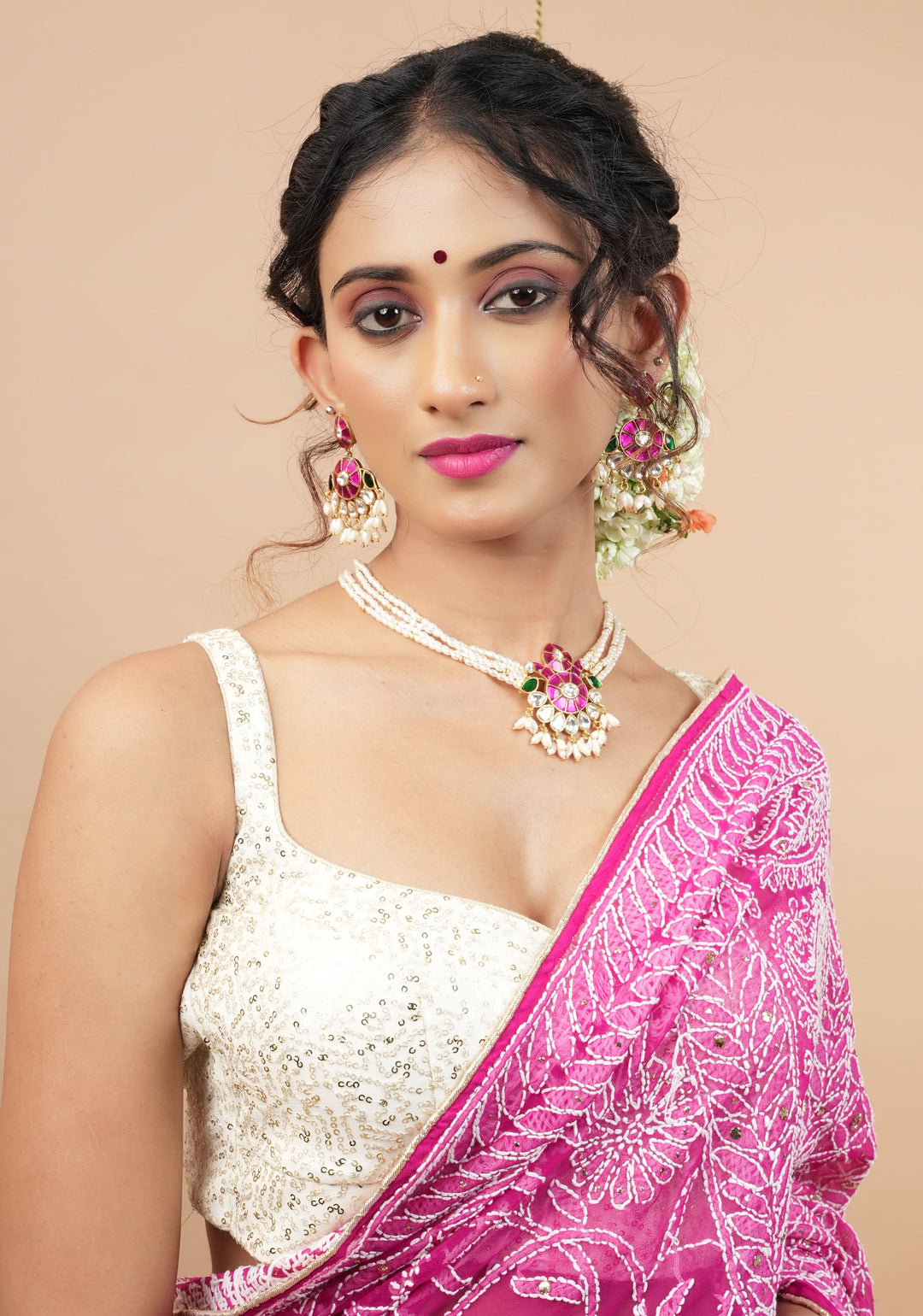 Multistrand beads Floral Pink and green stones Jadau Necklale Set | Shobitam Jewelry