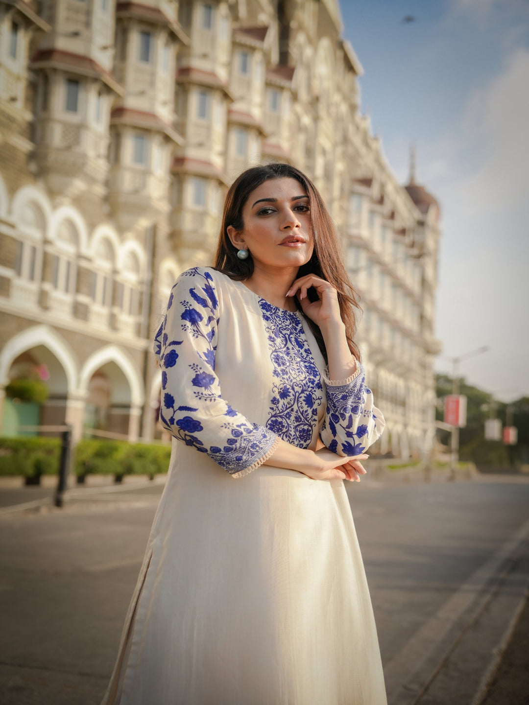 Off White Beigish Pure Muslin Suroop Blue Buti Kurta with Parallel Pants-SET OF 2 | SHOBITAM